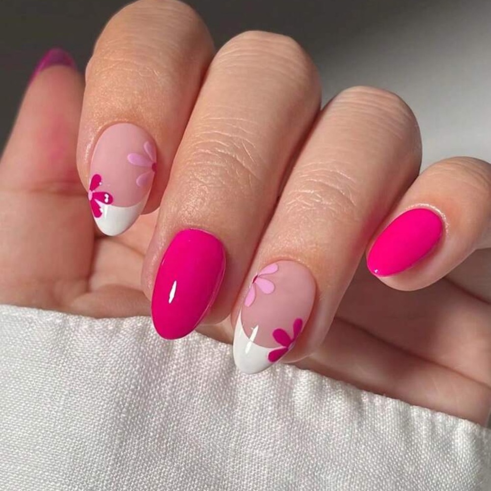 24Pcs Short Oval Floral French Tip Press On Nails Short  , Macaron Candy Color